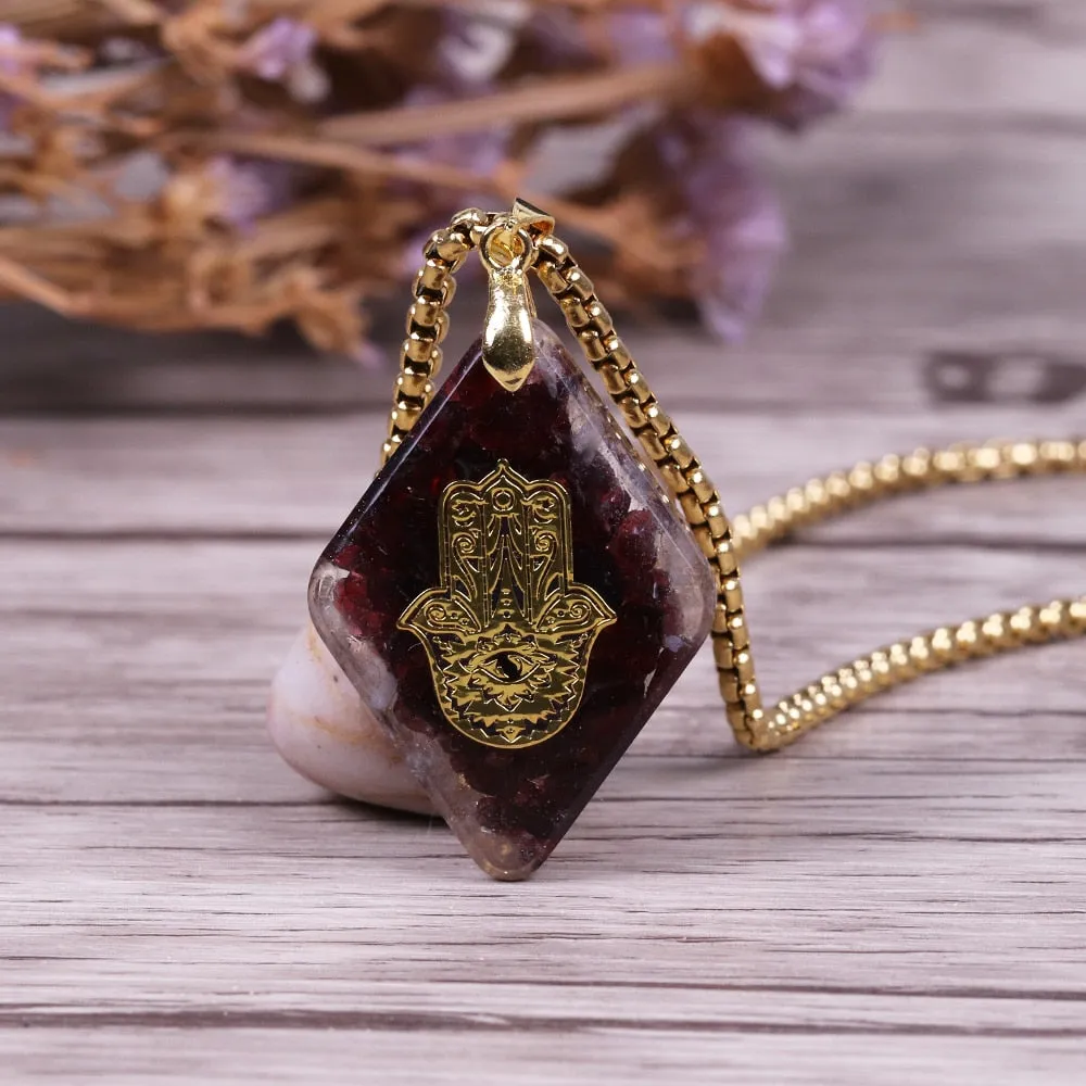 Natural garnet Orgonite Pendant Hand of Fatifa Energy Necklace Healing