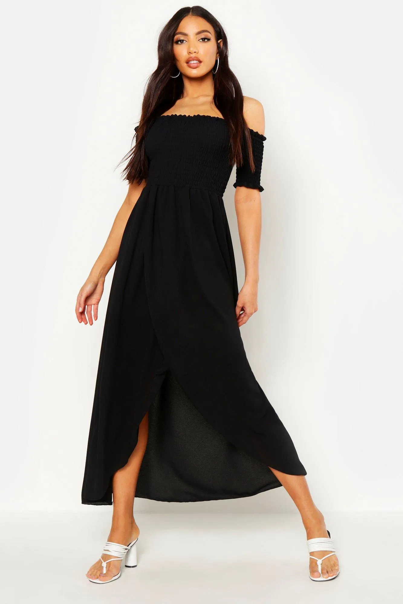 Off The Shoulder Shirred Maxi Dress