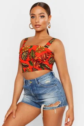 Palm Print Woven Shirred Bandeau Top