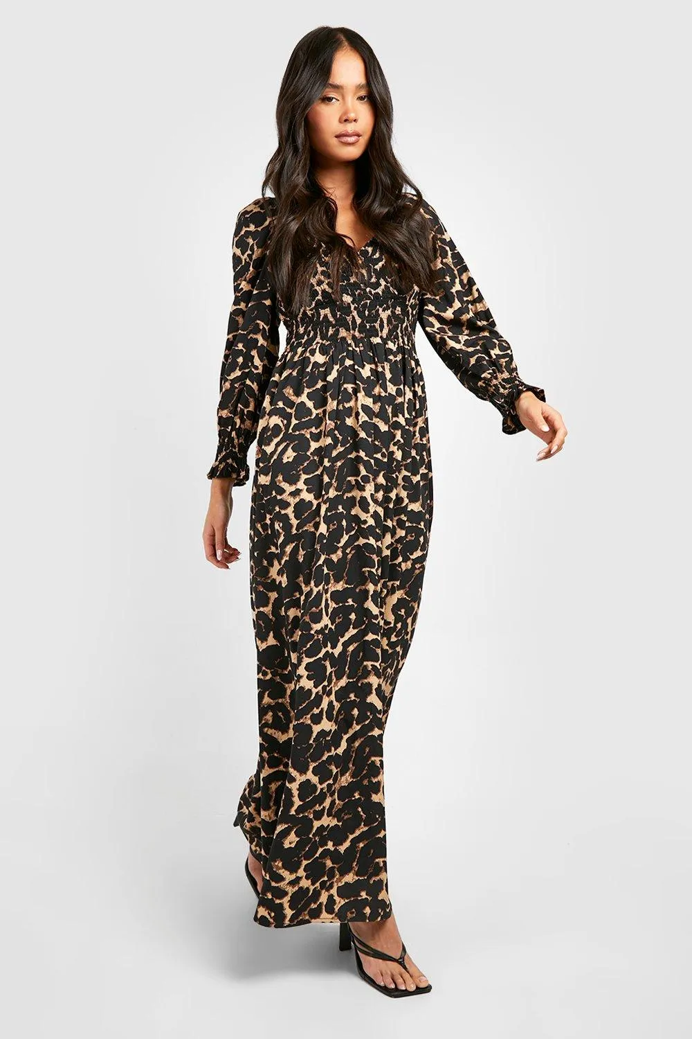 Petite Leopard Shirred Detail Maxi Dress