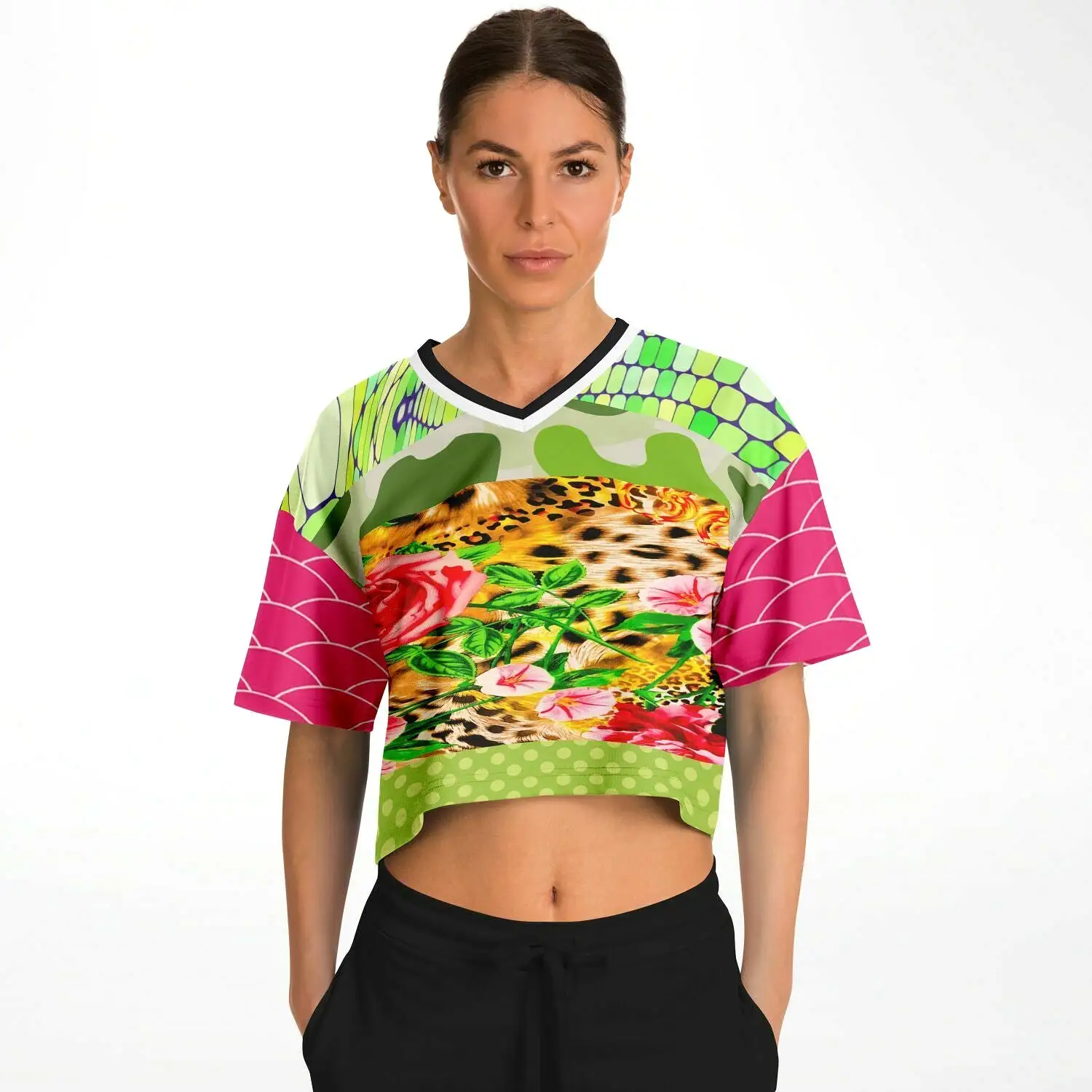 Pink Cerise Animal Print Patchwork Cropped Eco-Poly Jersey