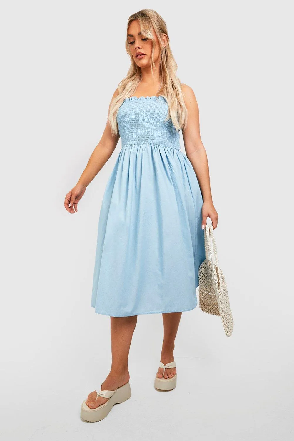 Plus Chambray Shirred Midi Smock Dress