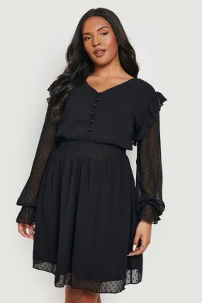 Plus Dobby Mesh Shirred Waist Skater Dress