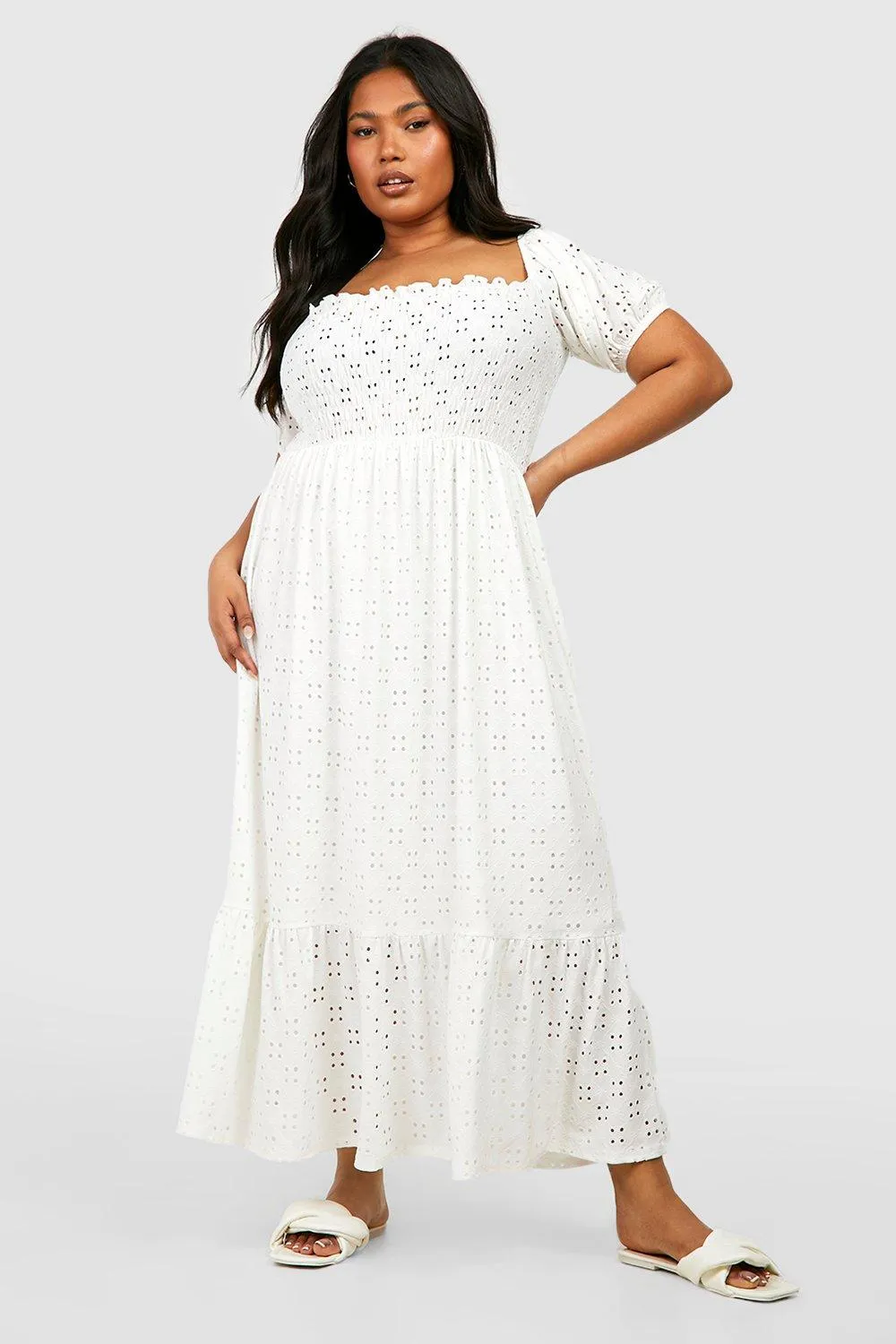 Plus Eyelet Shirred Midi Dress