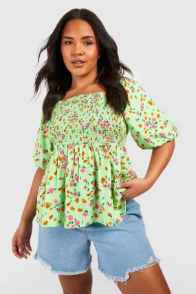 Plus Floral Puff Sleeve Shirred Smock Top