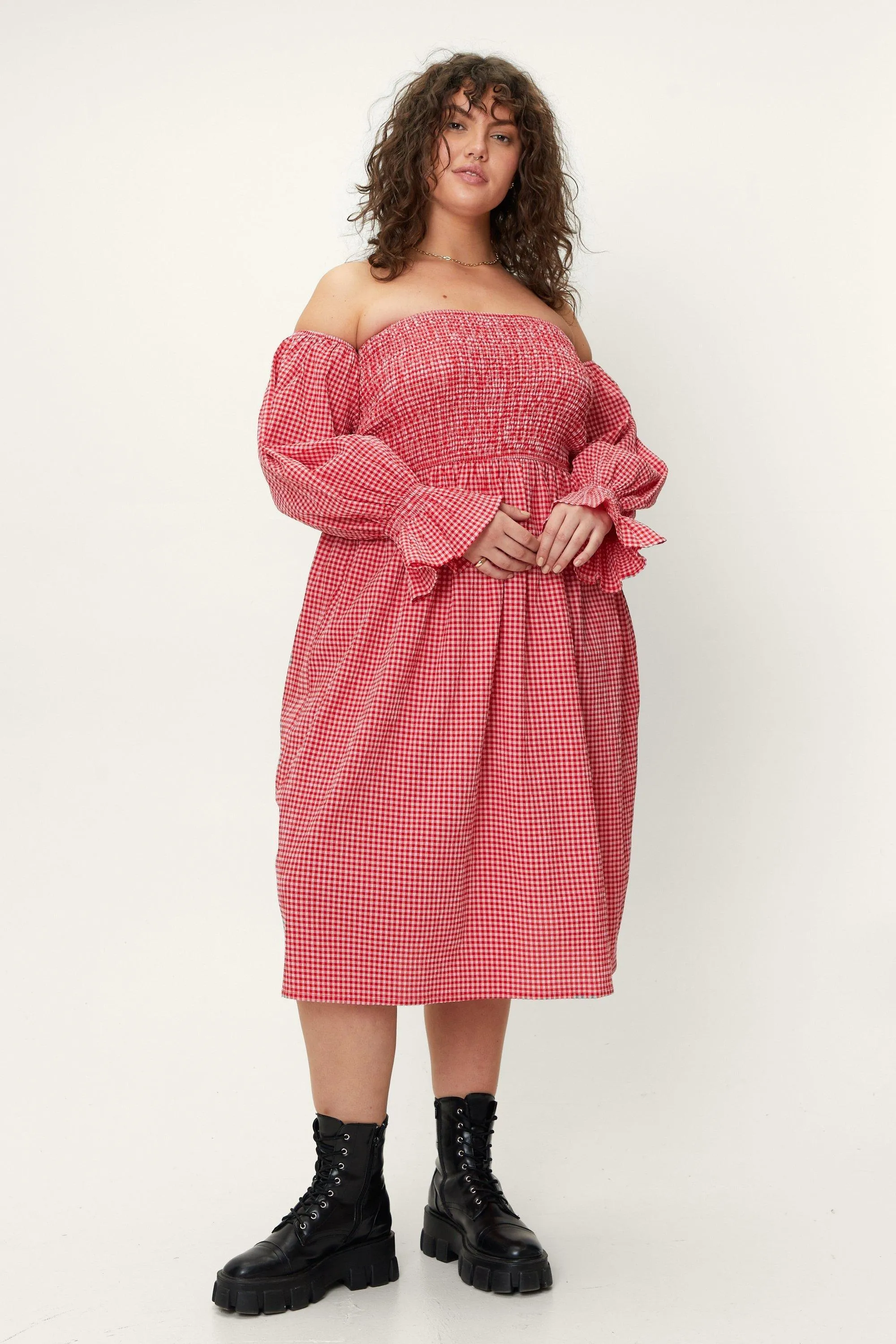 Plus Size Gingham Shirred Midi Dress