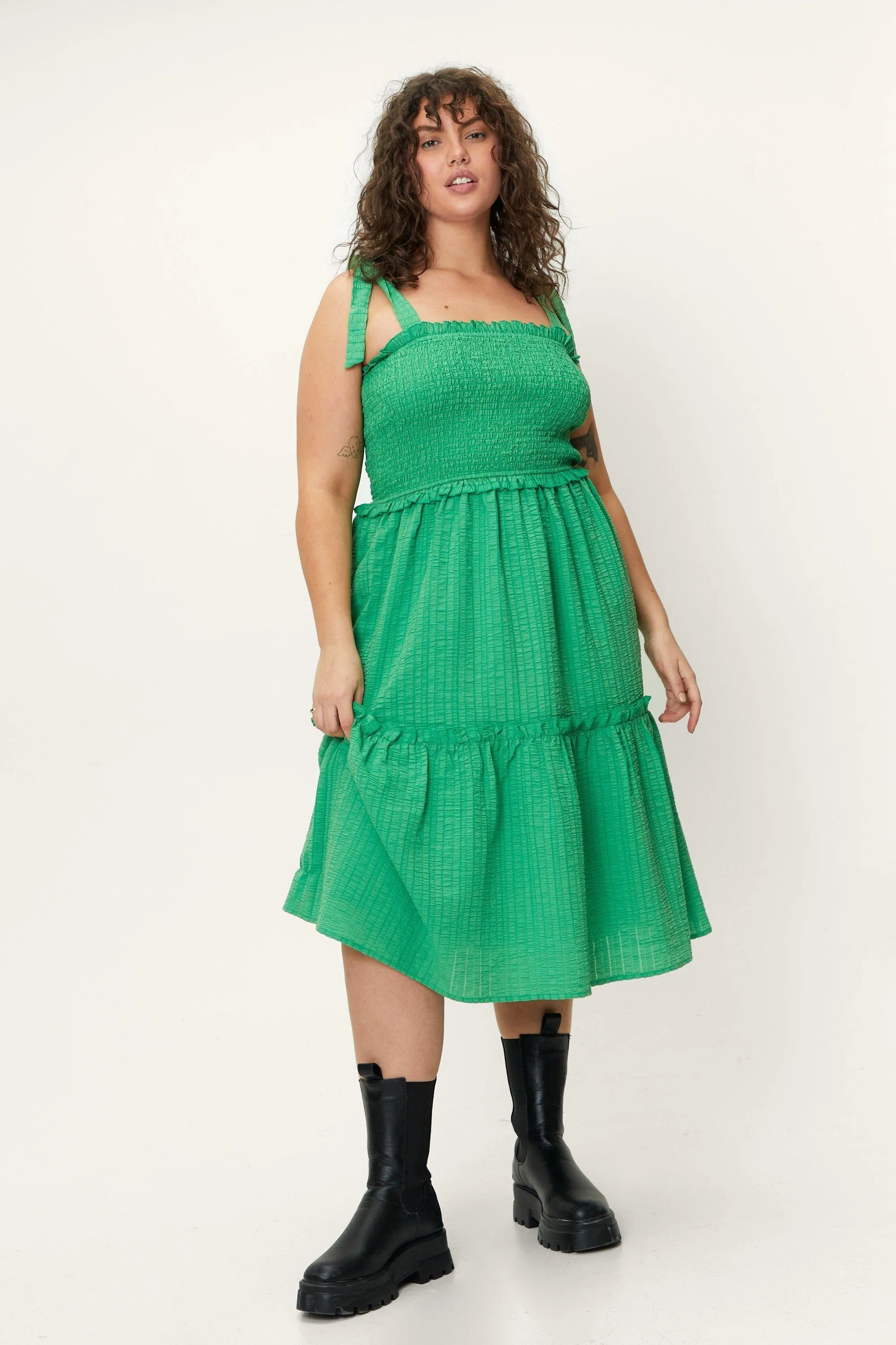 Plus Size Shirred Tie Shoulder Midi Dress