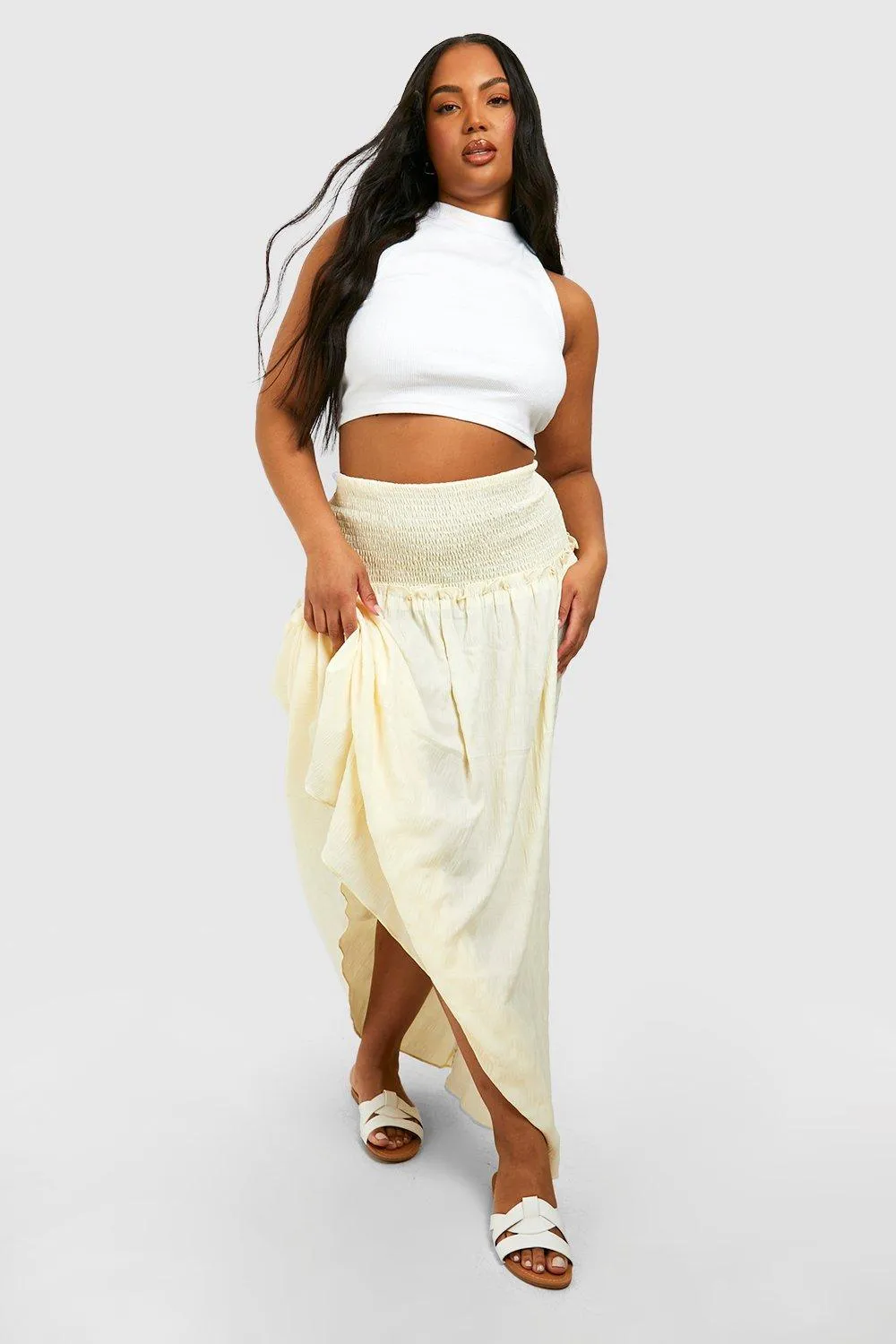 Plus Woven Shirred Boho Maxi Skirt