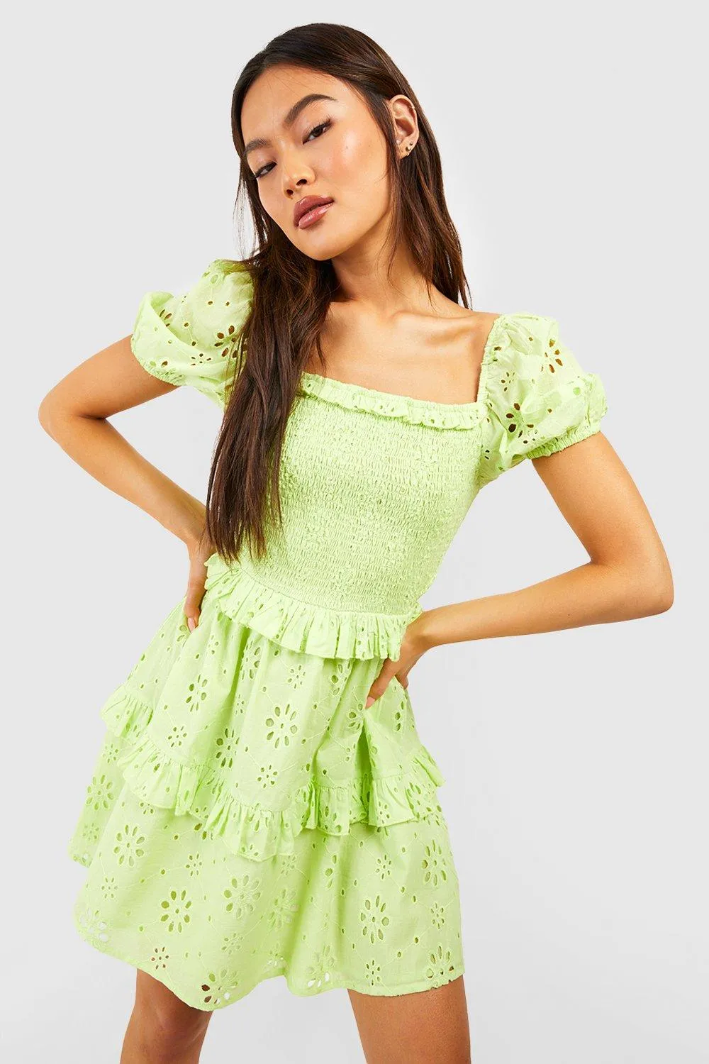 Puff Sleeve Eyelet Ruffle Hem Shirred Smock Dress