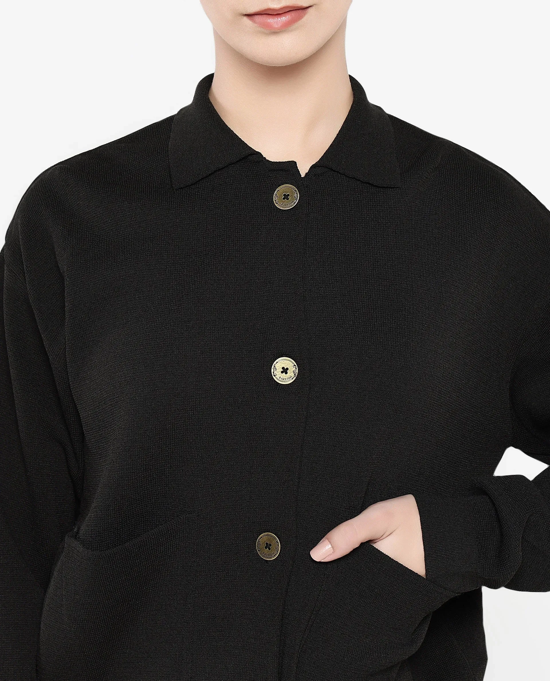 Rareism Women Sakarya Black Relaxed Fit Plain Jacket