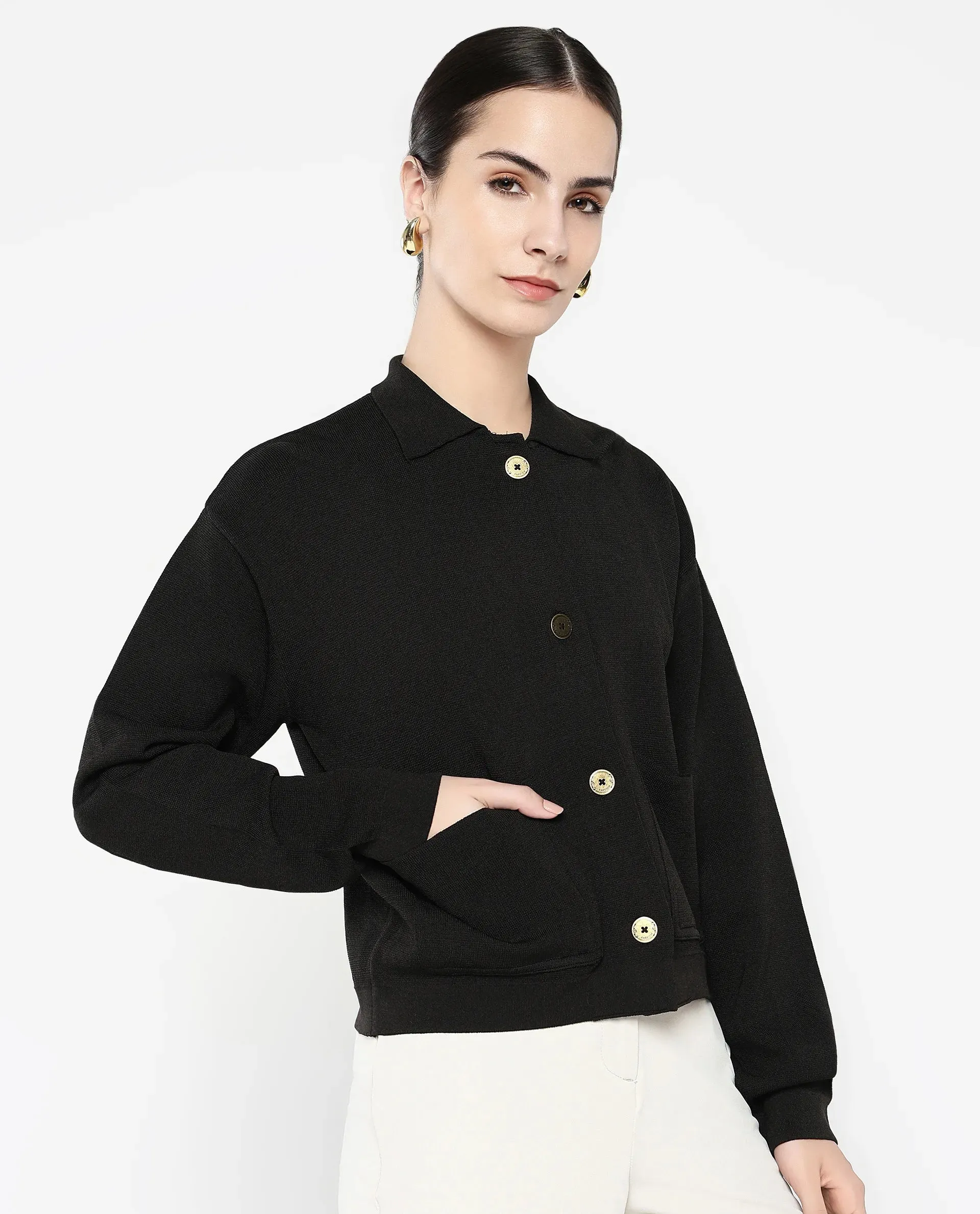 Rareism Women Sakarya Black Relaxed Fit Plain Jacket