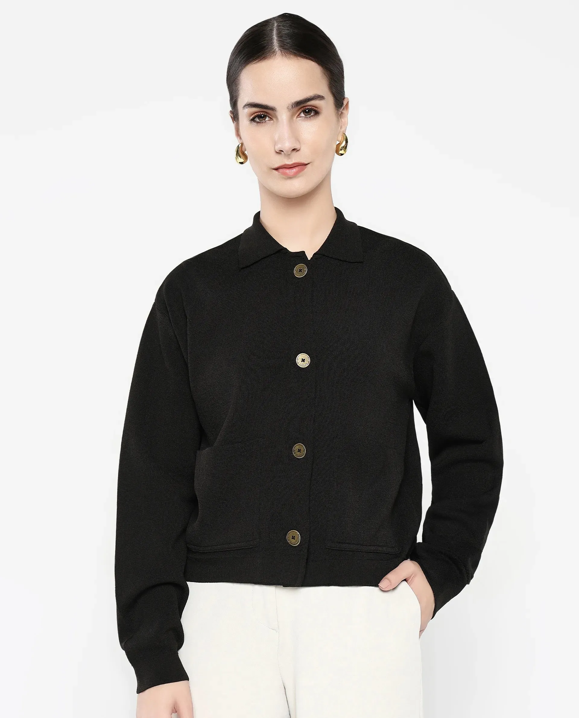 Rareism Women Sakarya Black Relaxed Fit Plain Jacket