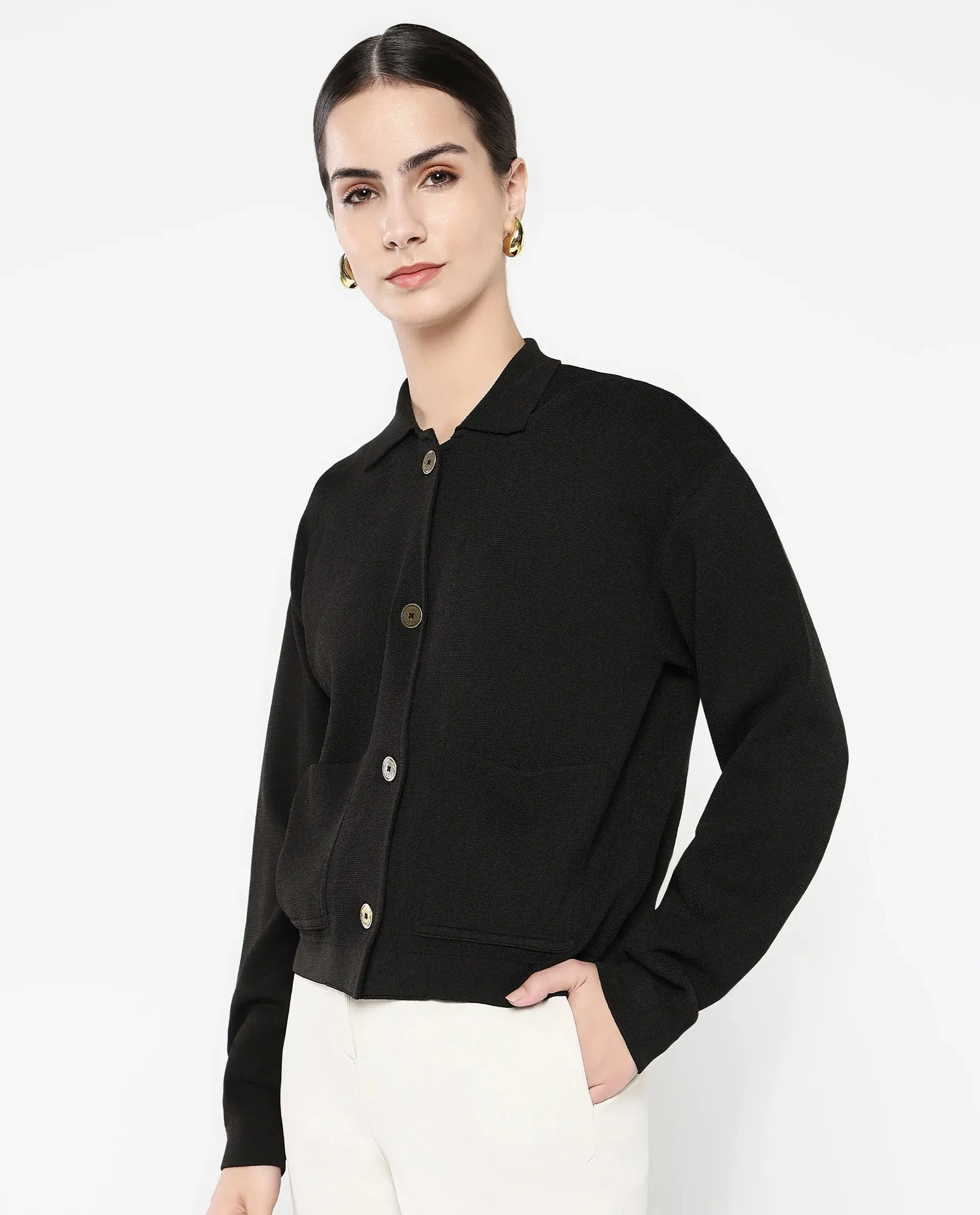 Rareism Women Sakarya Black Relaxed Fit Plain Jacket