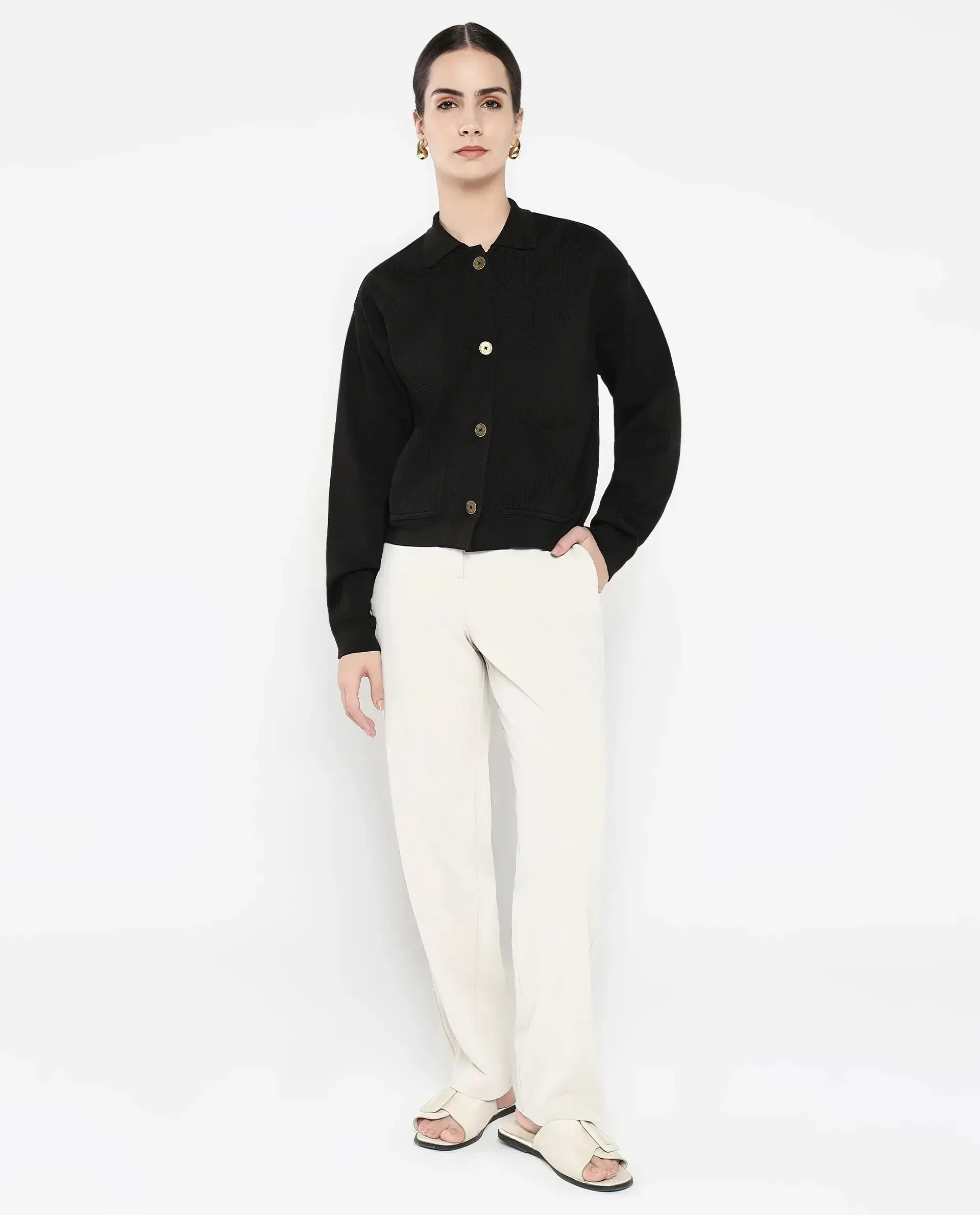 Rareism Women Sakarya Black Relaxed Fit Plain Jacket