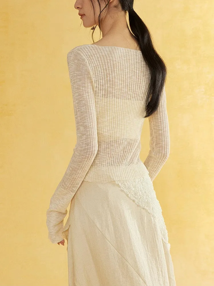 Sheer V-Neck Thin Slim Knit Cutsew