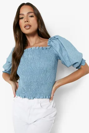 Shirred Puff Sleeve Denim Top