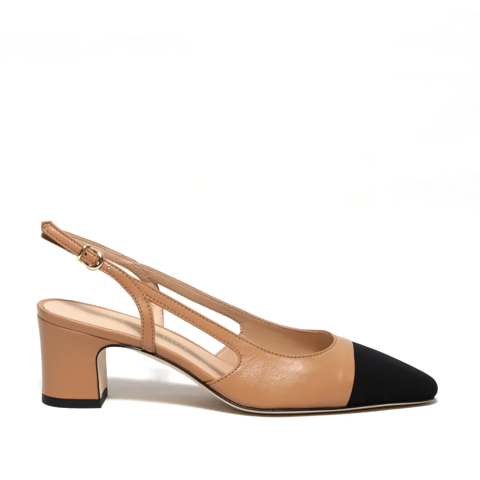 Slingback in nappa cuoio con puntalino in tessuto nero