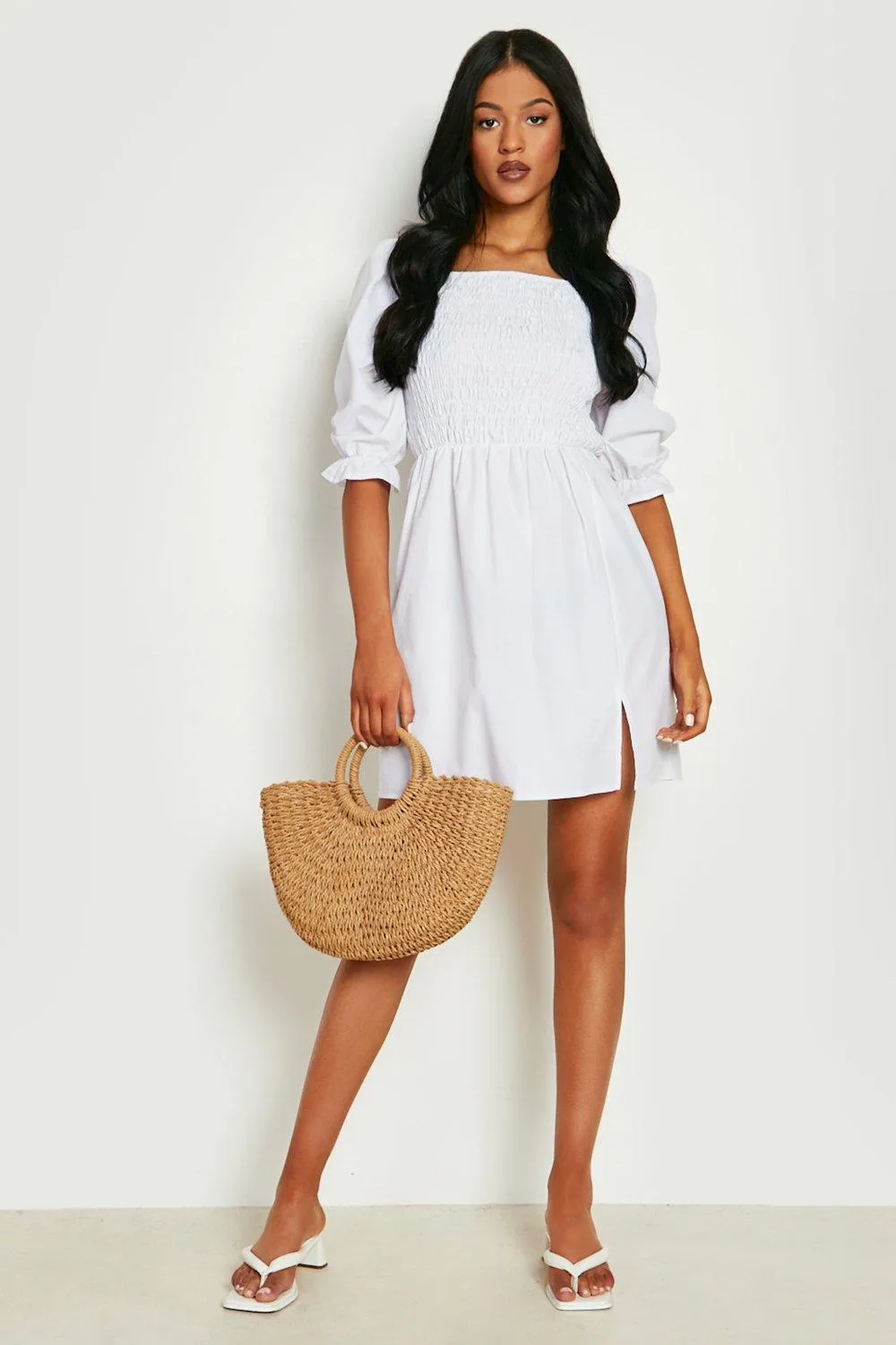 Tall Cotton Shirred Puff Sleeve Skater Dress