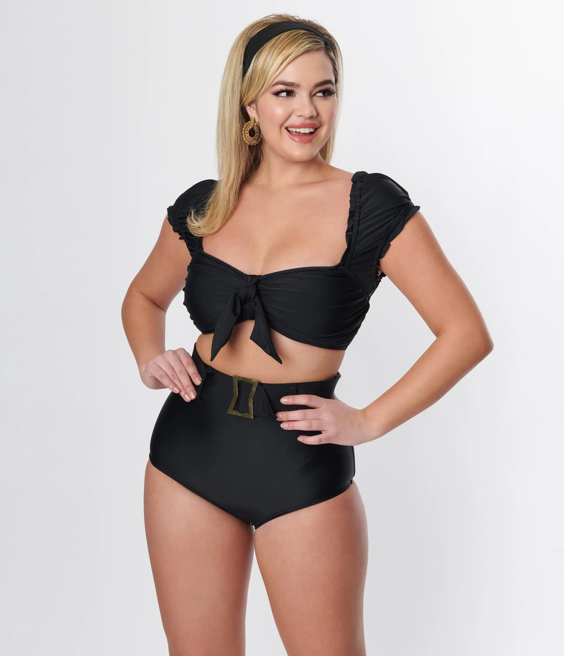 Unique Vintage Black Shirred Bow Bandeau Swim Top