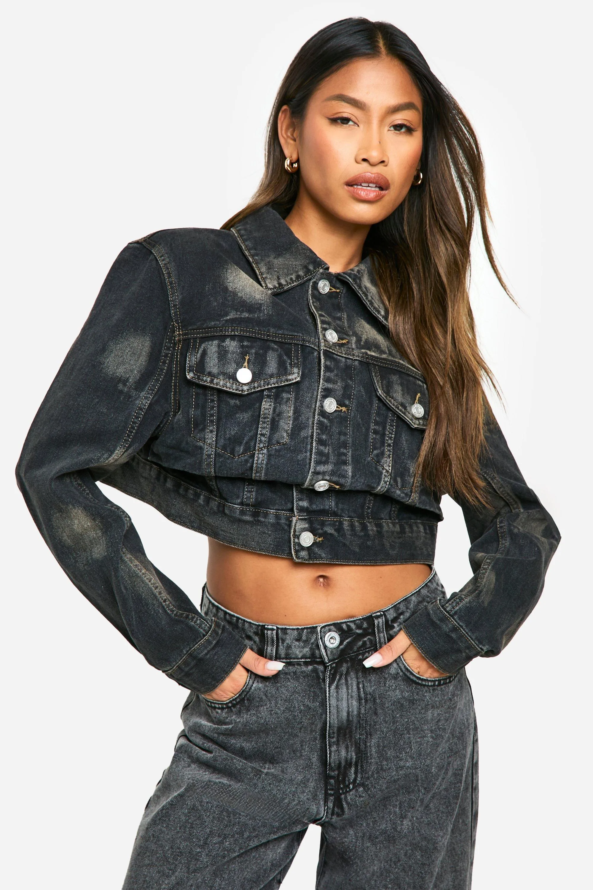 Waist Detail Distressed Denim Jacket