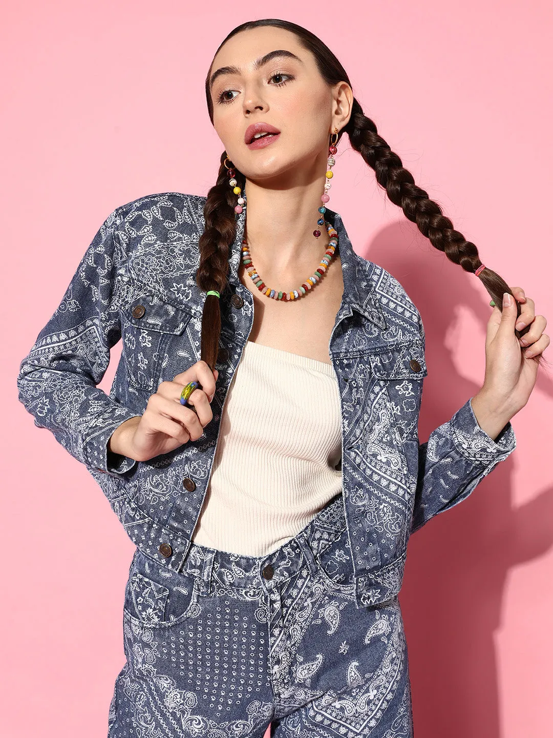 Women Blue Paisley Print Denim Jacket