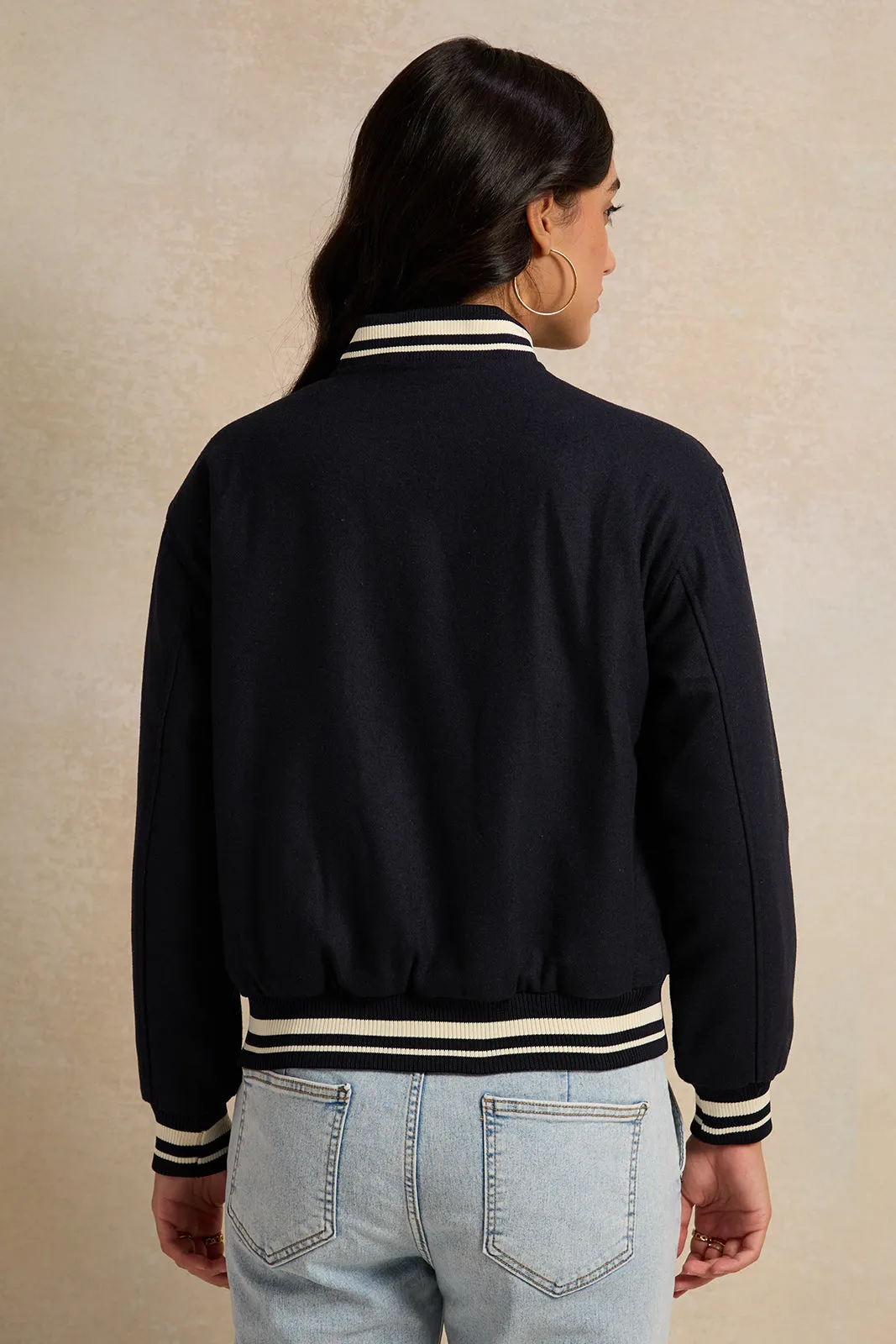 Women Navy Front Pocket Detail Jacket