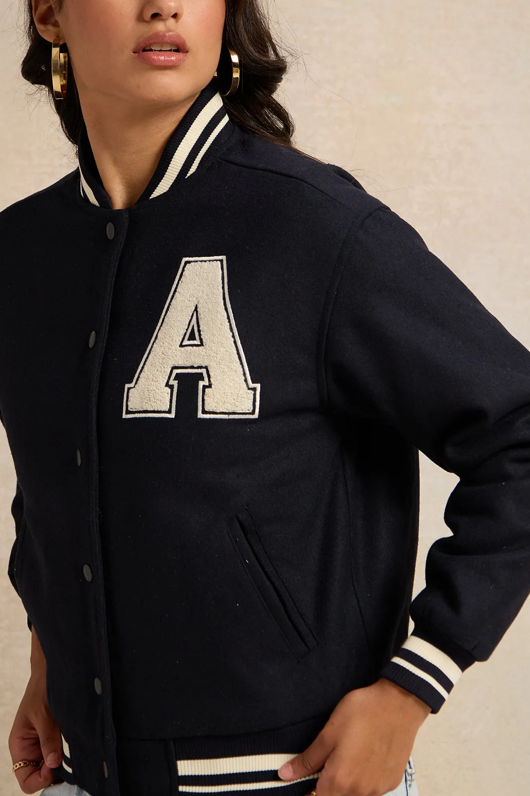 Women Navy Front Pocket Detail Jacket