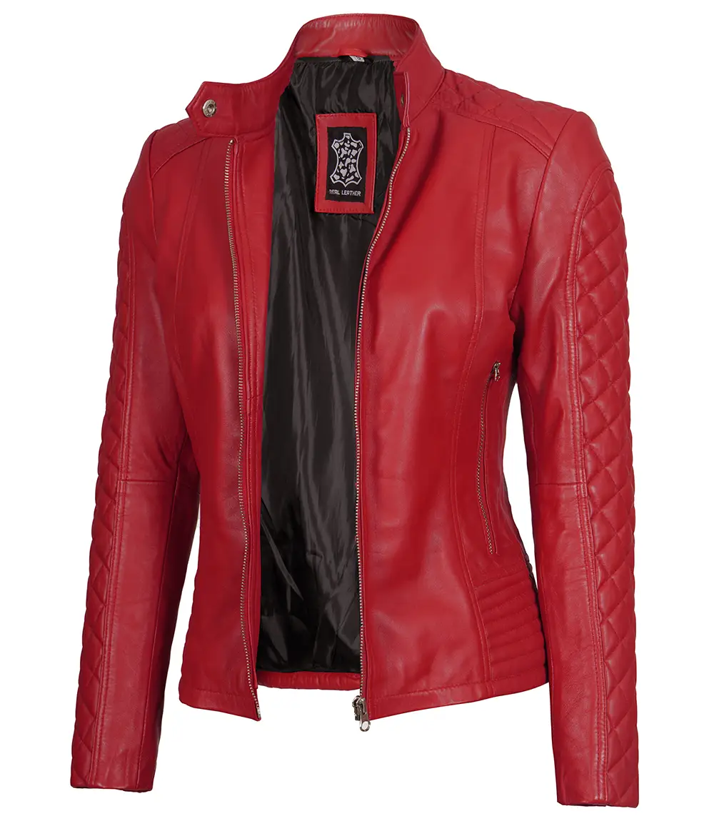 Women Red Quilted Sleeves Cafe Racer Leather Jacket