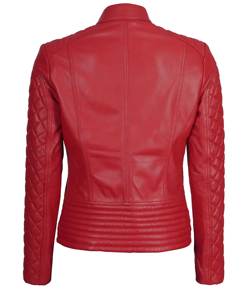 Women Red Quilted Sleeves Cafe Racer Leather Jacket