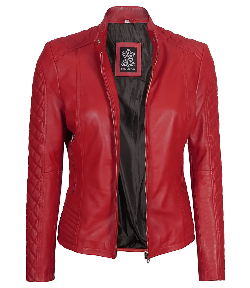 Women Red Quilted Sleeves Cafe Racer Leather Jacket