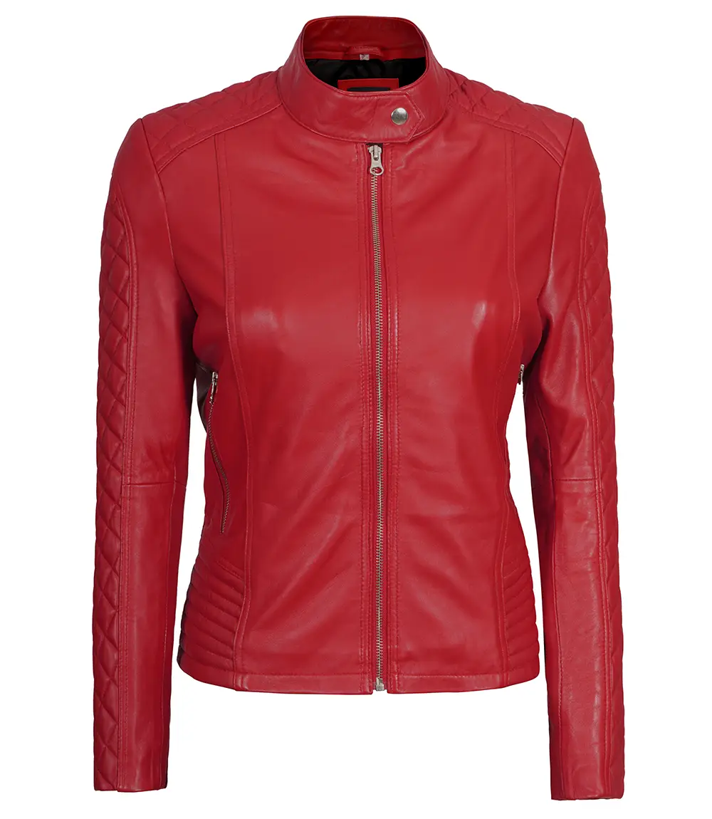 Women Red Quilted Sleeves Cafe Racer Leather Jacket