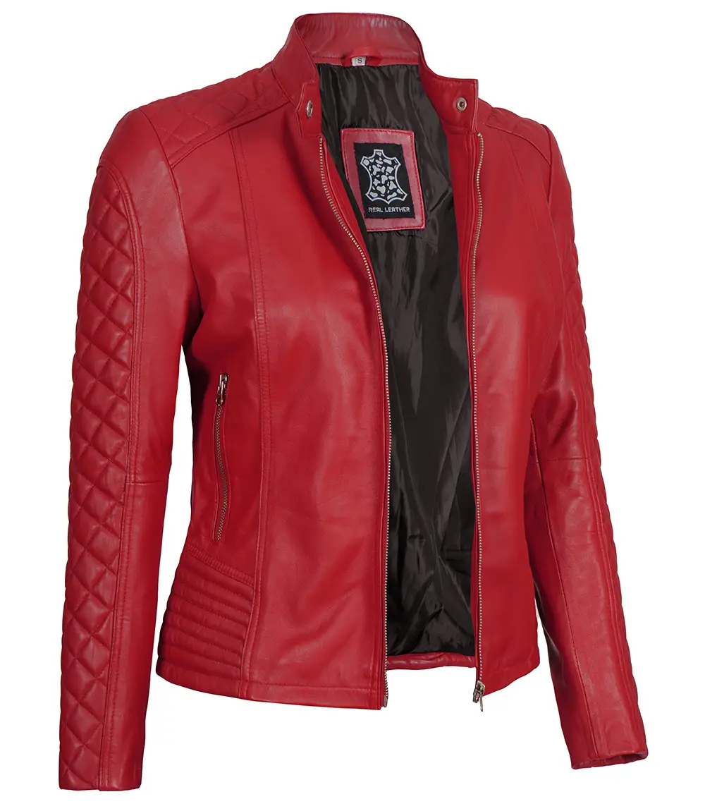 Women Red Quilted Sleeves Cafe Racer Leather Jacket