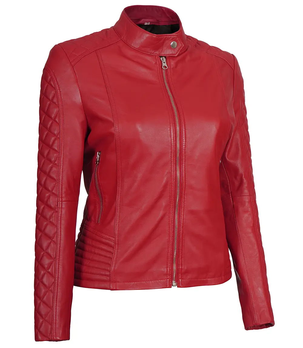 Women Red Quilted Sleeves Cafe Racer Leather Jacket